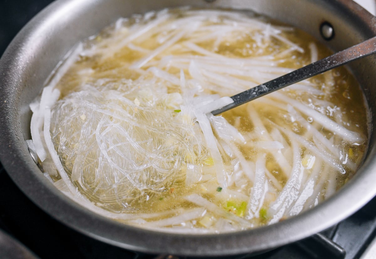 adding mung bean noodles to soup