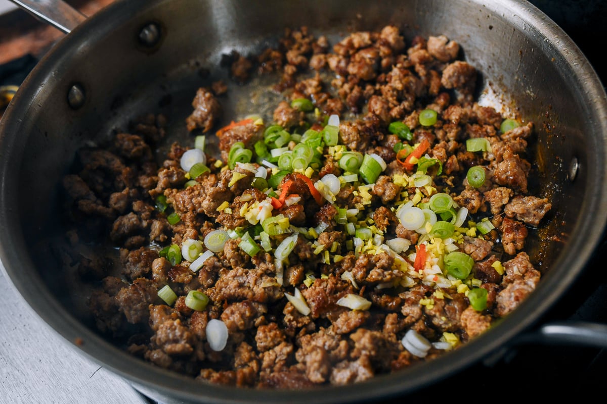 scallions and ginger added to ground pork