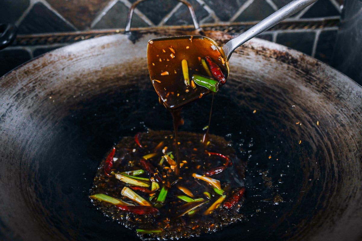 thickened mongolian beef sauce in wok